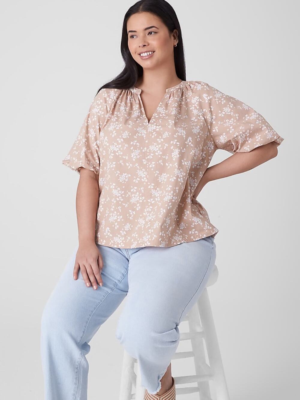 Lane Bryant Cotton Poplin Puff Sleeve Split Neck Floral Blouse Sz 20
